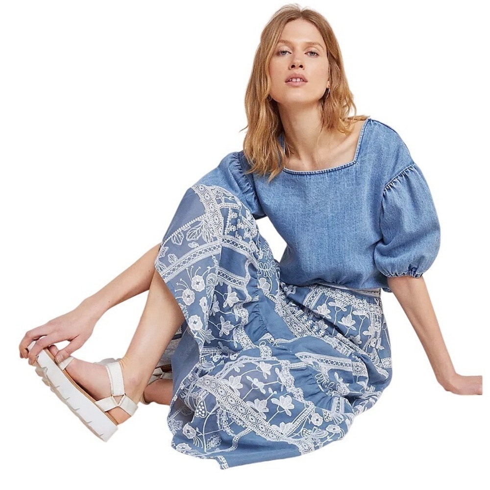 Maeve Anthropologie Ariadne Blue Embroidered Maxi Skirt  Chambray Tiered Medium - Picture 2 of 16